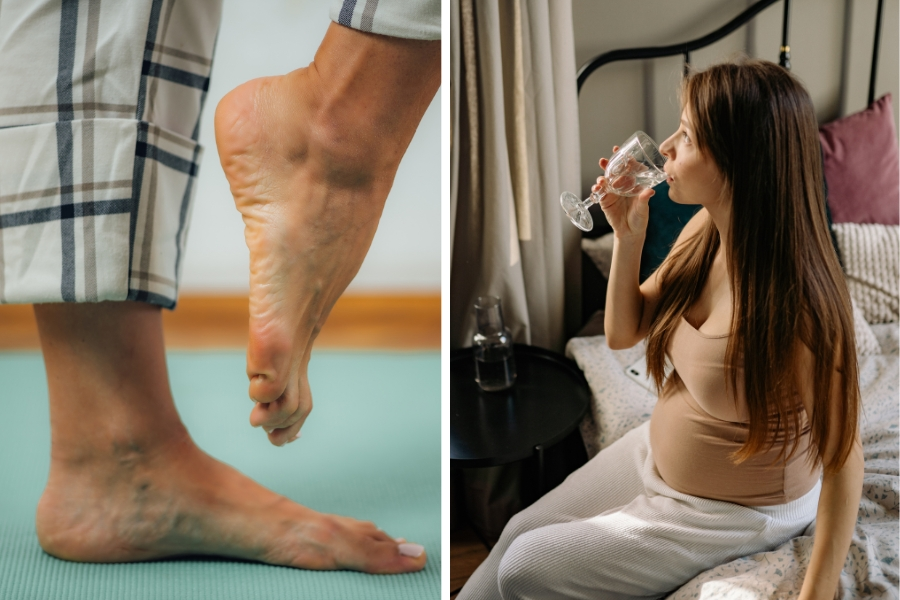 22 ‘oddly specific’ life hacks that save time, money, and sanity a person holding up one foot and a woman drinking a glass of water in bed