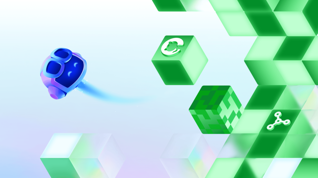 How the GitHub legal team used Copilot CLI to streamline their workflows Copilot moves toward floating green cubes displaying GitHub-related icons in a decorative tech-themed scene.