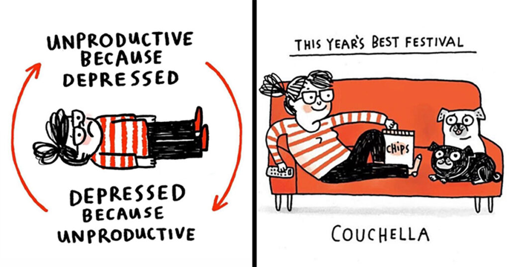 23 Illustrations By Gemma Correll That Imagine Mental Health Struggles As The Rides At “Anxietyland” 23 Illustrations By Gemma Correll That Imagine Mental Health Struggles As The Rides At “Anxietyland”