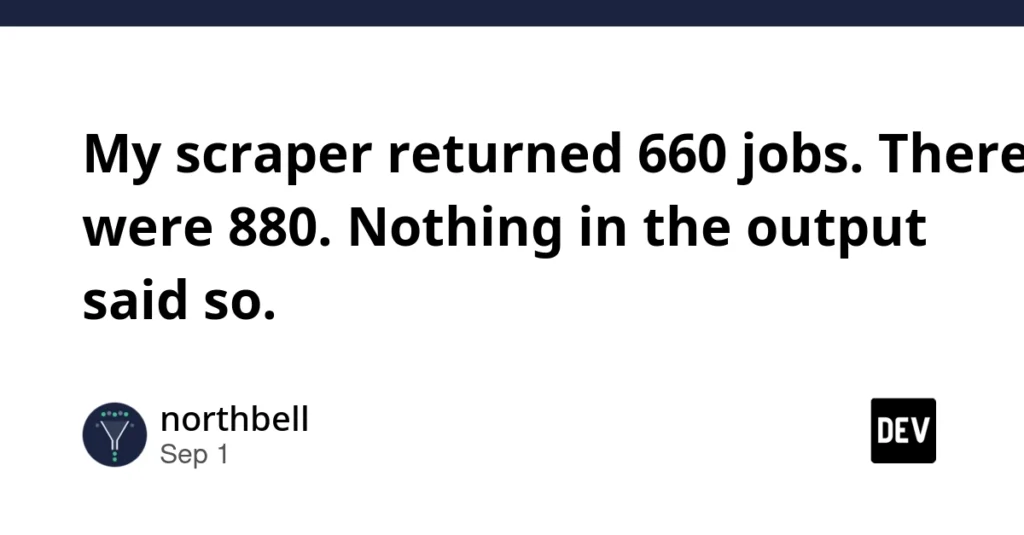 My scraper returned 660 jobs. There were 880. Nothing in the output said so. My scraper returned 660 jobs. There were 880. Nothing in the output said so.